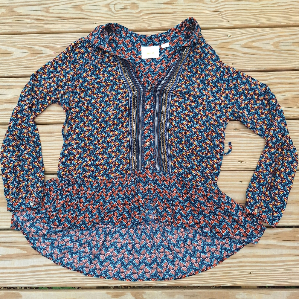 Maeve by Anthropologie Sz 10 Janie Flounced Peasant Blouse Boho 70s Festival